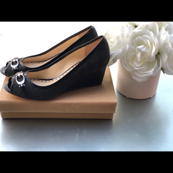 Coach Logo Black "Precious" Peep Toe Wedge Size 6B - Picture 4 of 9
